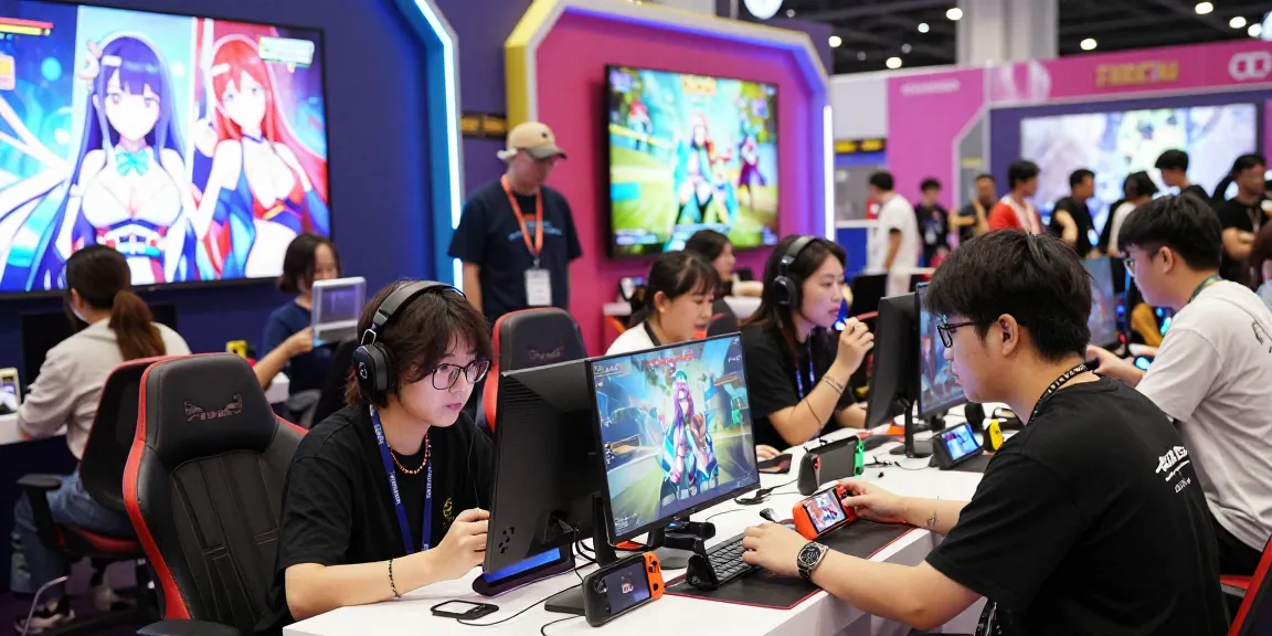 Players enjoying hentai games at a vibrant gaming convention with engaging graphics.