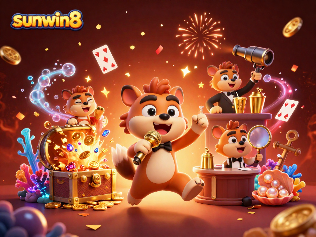 Experience the exciting atmosphere of sunwin8 with lively hyenas in a vibrant casino scene filled with treasures.