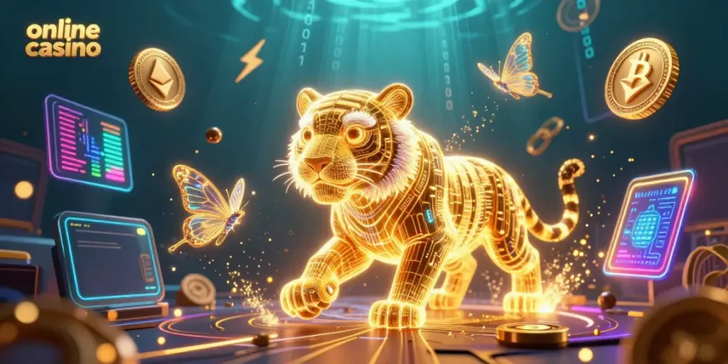 Engage in thrilling experiences at an online casino, featuring a vibrant digital landscape with neon elements.