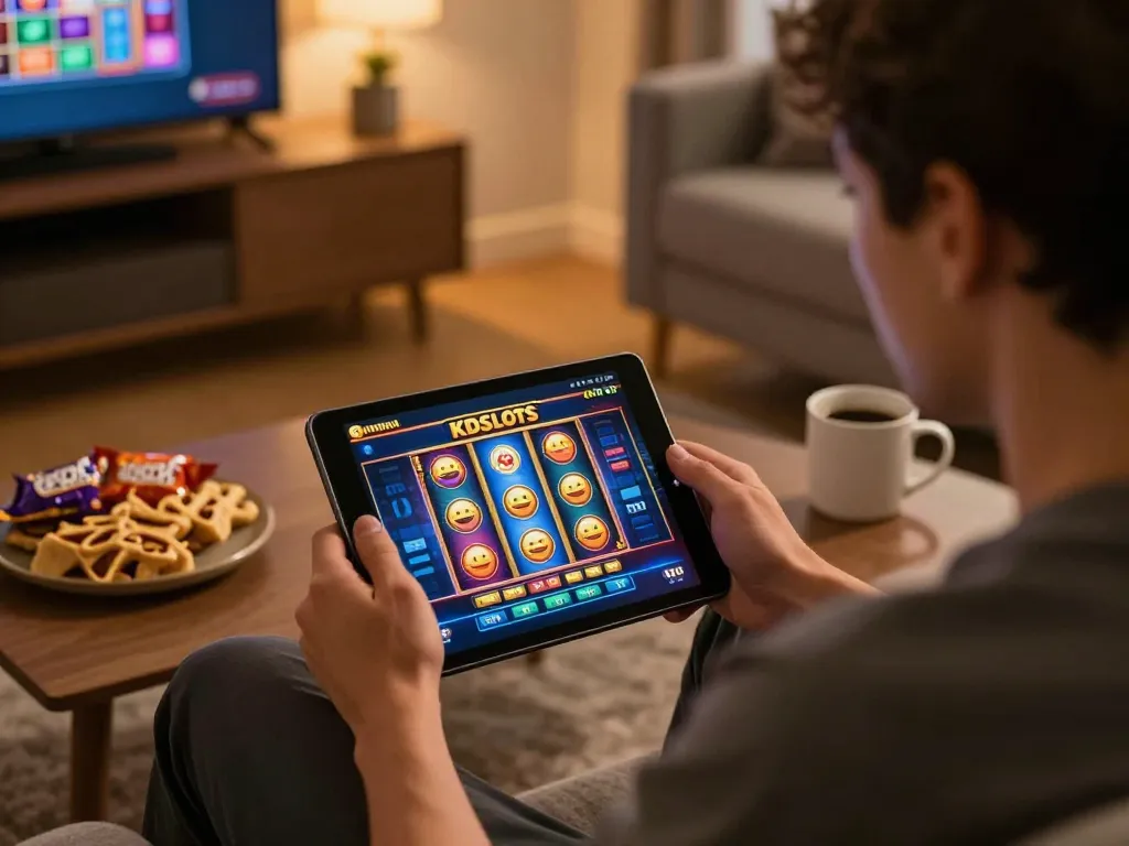 Player engaging with KDSLOTS online slot games on a tablet, showcasing immersive gaming experience at home