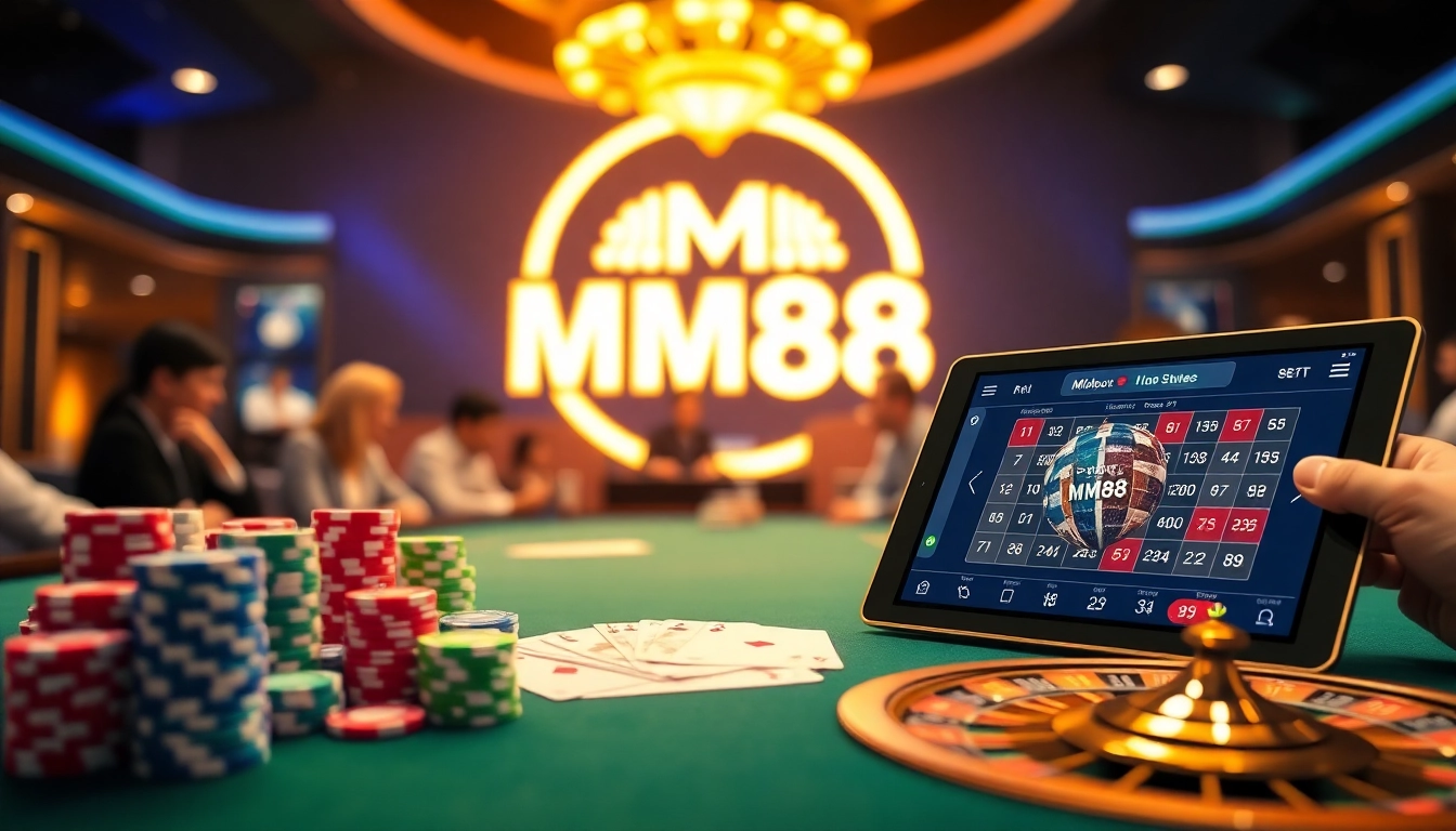 Experience the thrill of online gambling with MM88 showcasing vibrant casino elements and engaging gameplay.