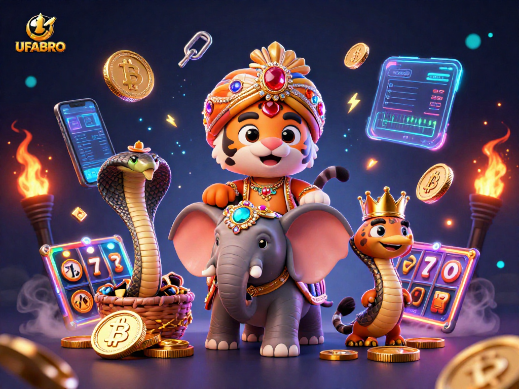 Join the action at UFABRO with vibrant 3D characters and crypto-themed elements in a captivating casino scene.