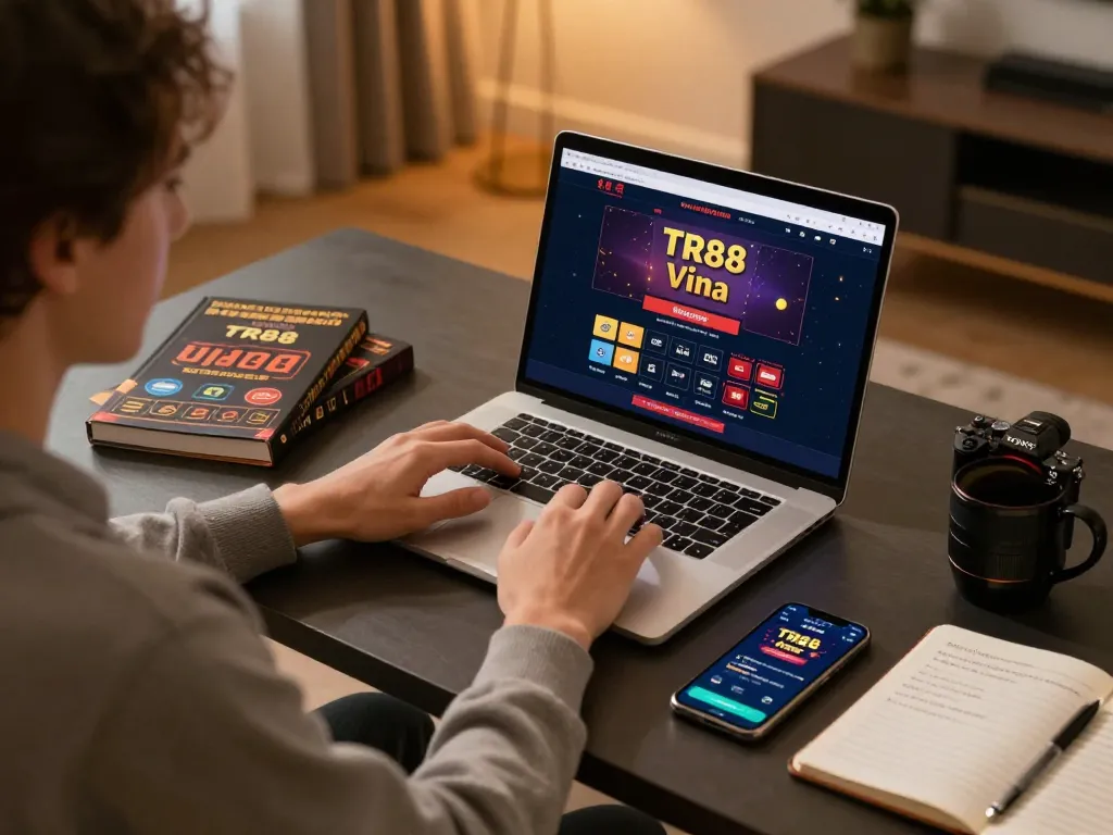 Engaged player exploring TR88 Vina casino on a laptop in a cozy home setting.