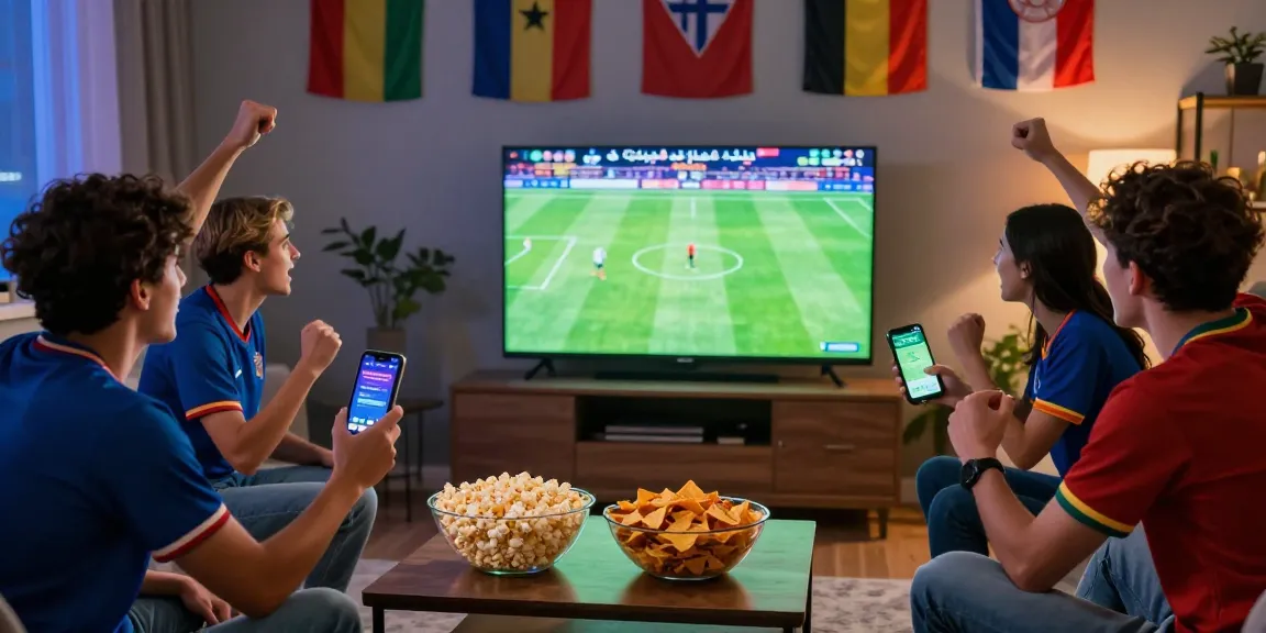 Friends enjoying مباريات اليوم live football match at home, cheering with snacks and team jerseys.