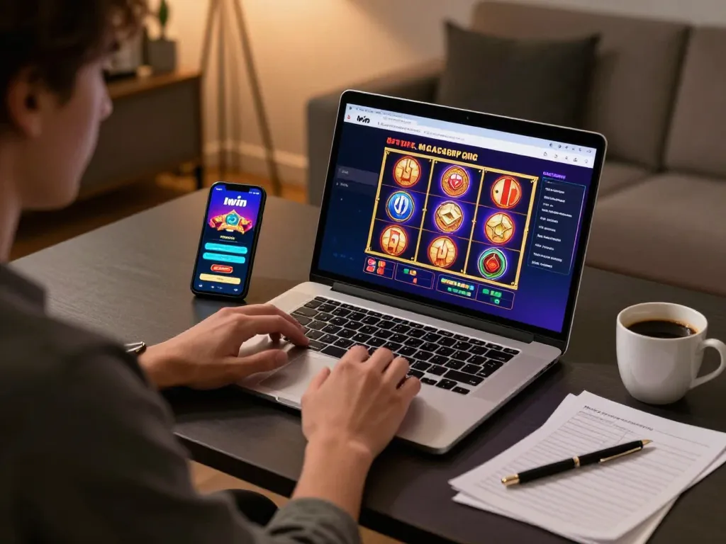 Iwin player engaging with vibrant online slots on laptop while strategizing