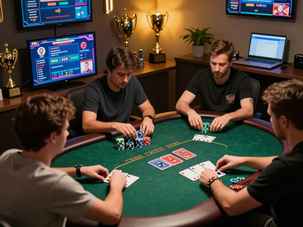 Engaged players in Sunwin's online poker game showcasing vibrant chips and energetic gameplay.