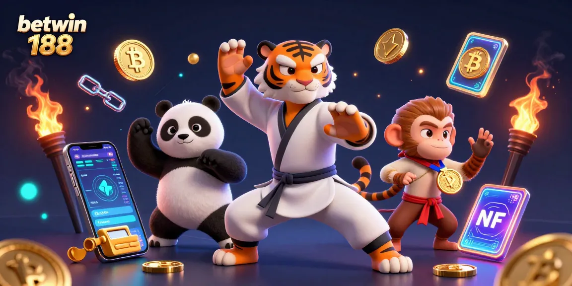Engage with betwin 188 at a vibrant casino scene featuring a kung fu tiger master amidst dynamic crypto elements.