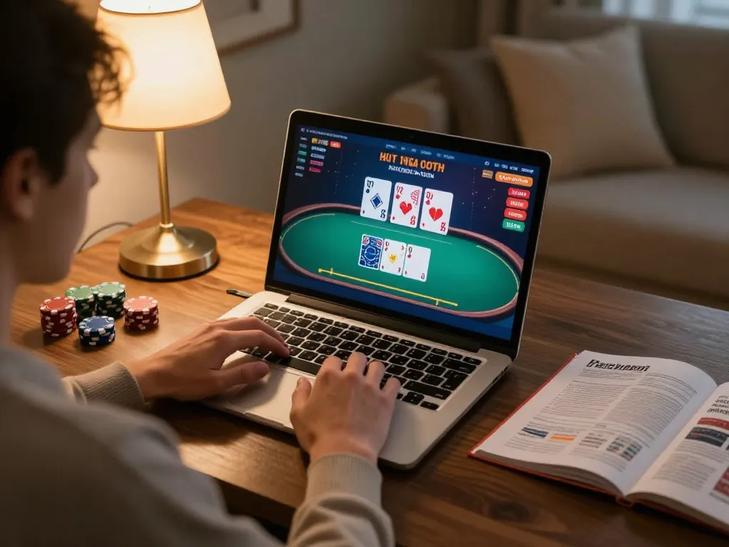 Engaging in kerajaanslot through live poker gaming on a laptop at home.