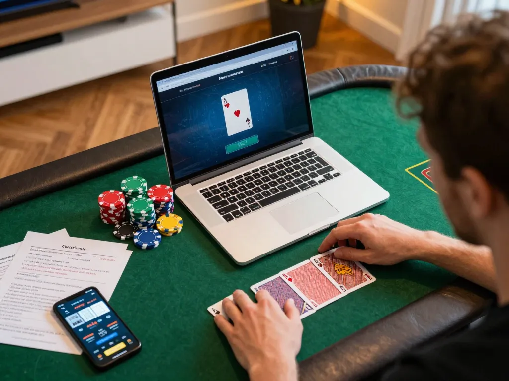 Player enjoying online poker on a laptop at home with mb88 com interface visible, showcasing strategic gameplay.