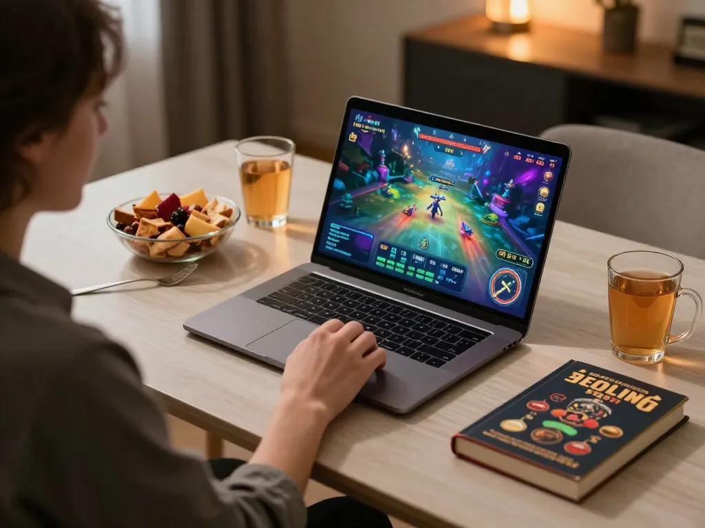 Enjoying a thrilling game 88i on a laptop in a cozy home setup with snacks and drinks.