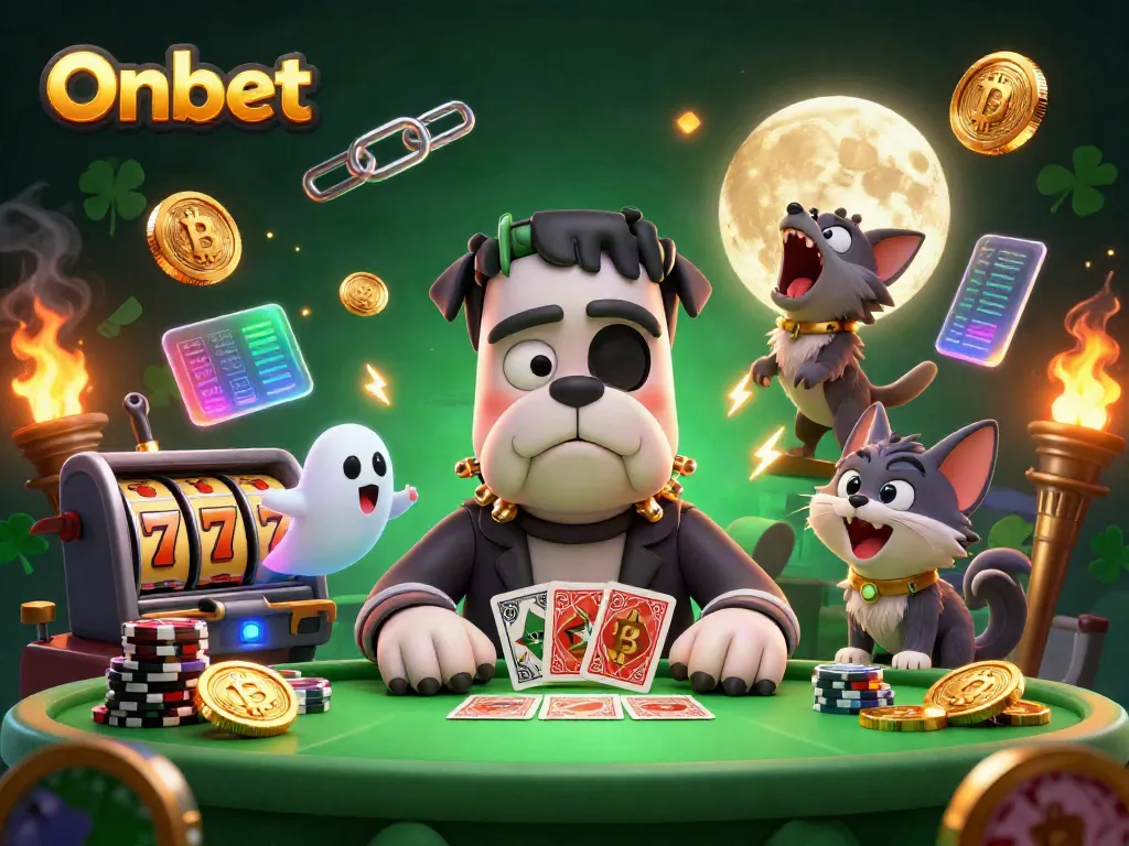 Experience exhilarating gaming at Onbet with a whimsical 3D illustration of a Frankenstein bulldog dealer and lively casino elements.