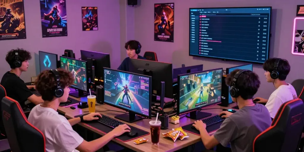 Exciting gaming lounge showcasing akunjp activities with vibrant setups and competitive energy.