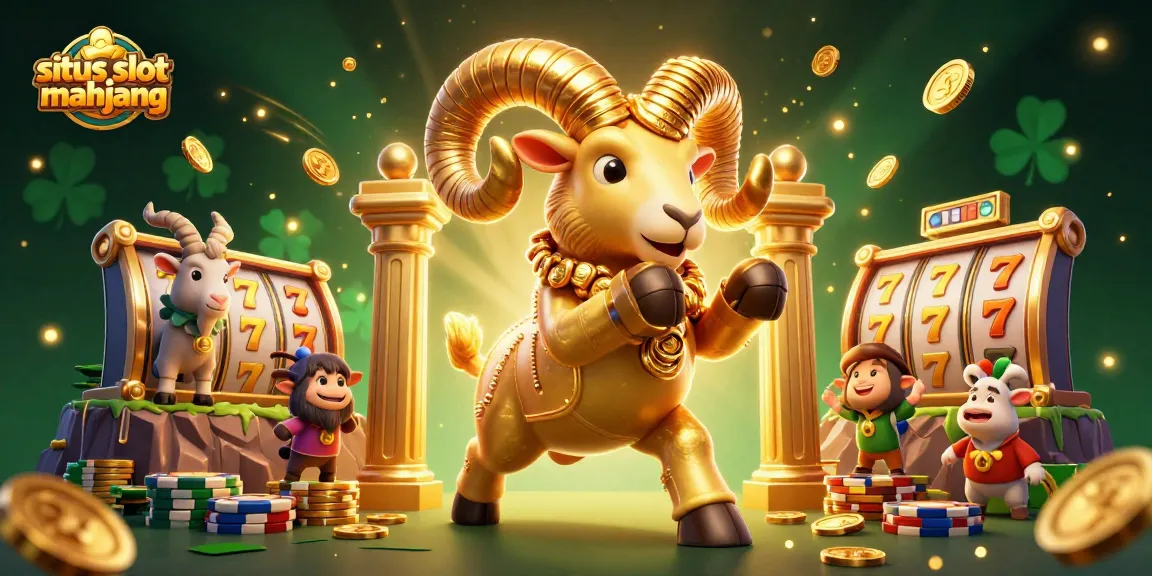 Sparkling scene of situs slot mahjong with golden ram charging, surrounded by slot reels and coins.