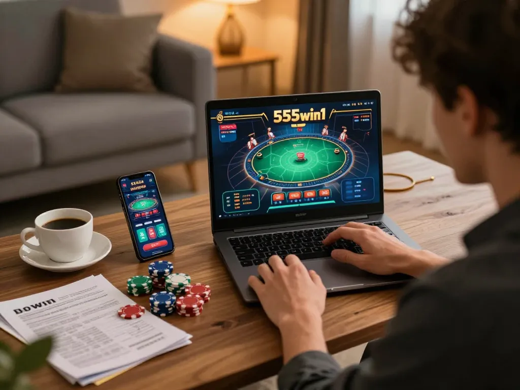 Player engaged in 555win1 online casino gaming, showcasing strategic elements and comfortable home atmosphere.