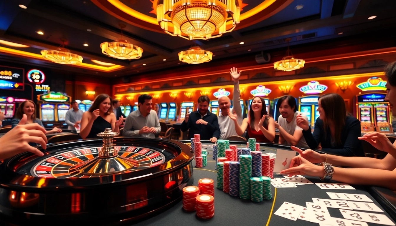 Exciting EE88 casino scene featuring roulette wheel and joyful players celebrating wins.
