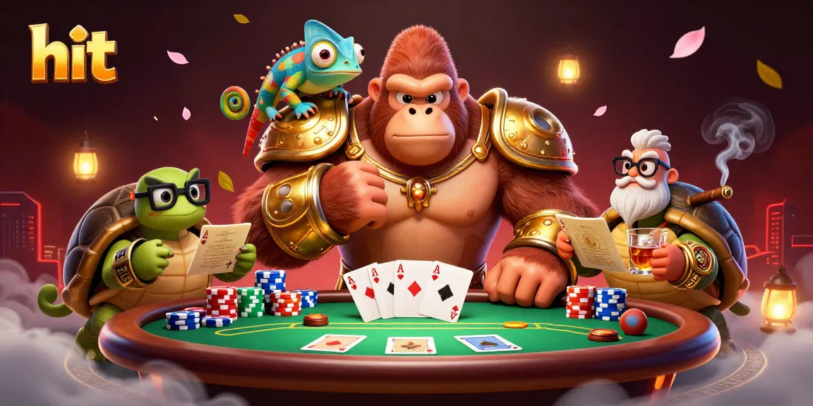 Hit a jackpot with powerful gorilla king in golden armor and wise tortoise at a bustling casino.