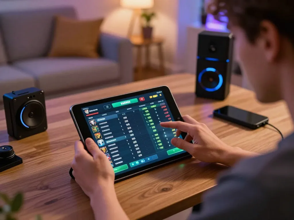 Player engaged in esports betting on tablet at home while using bl555 for live odds.