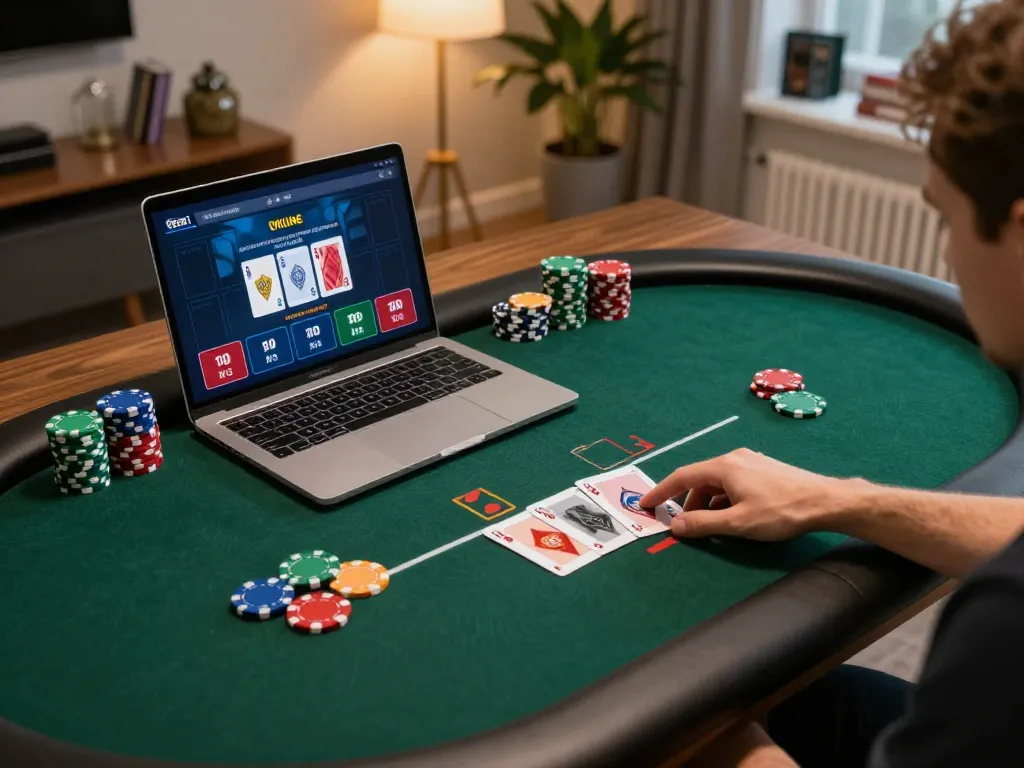 Engage in expert online poker strategies with Go8 at home setup featuring a sleek laptop and colorful chips.