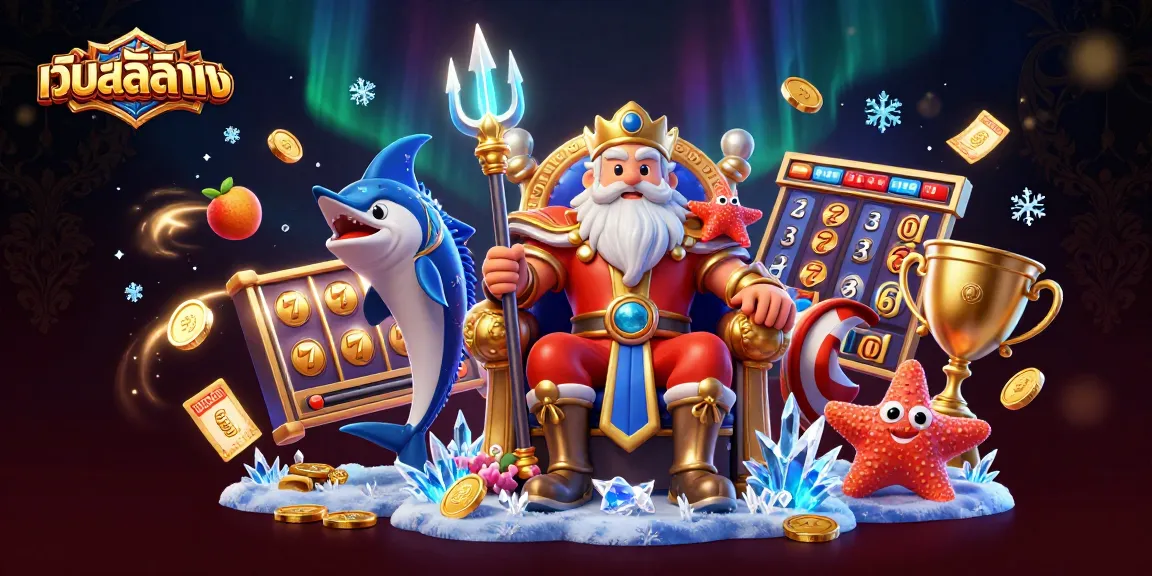 Engage with เว็บสล็อตตรง as Neptune embodies luck amid flying slot reels and golden symbols.