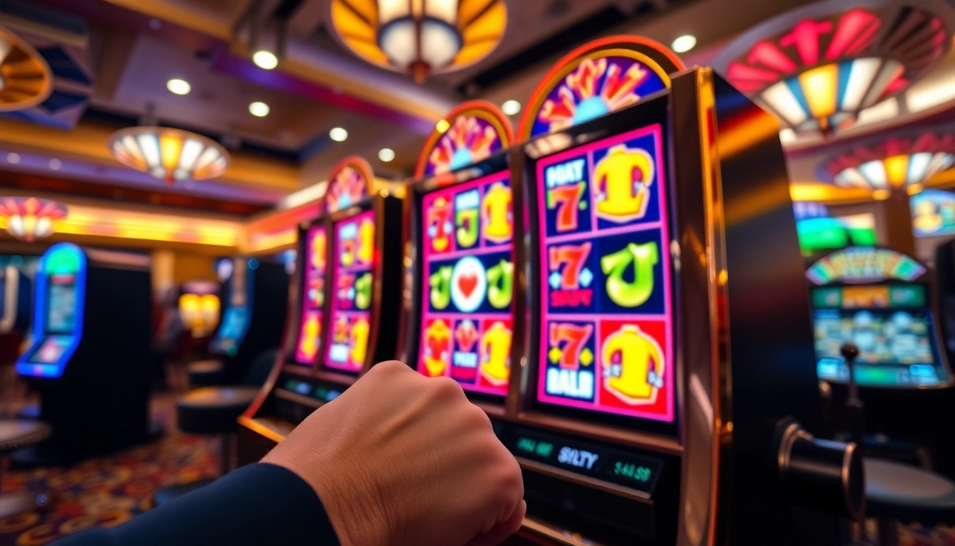 Slot gampang menang menunjukkan pemain menarik tuas mesin slot yang berwarna-warni dengan simbol kemenangan.