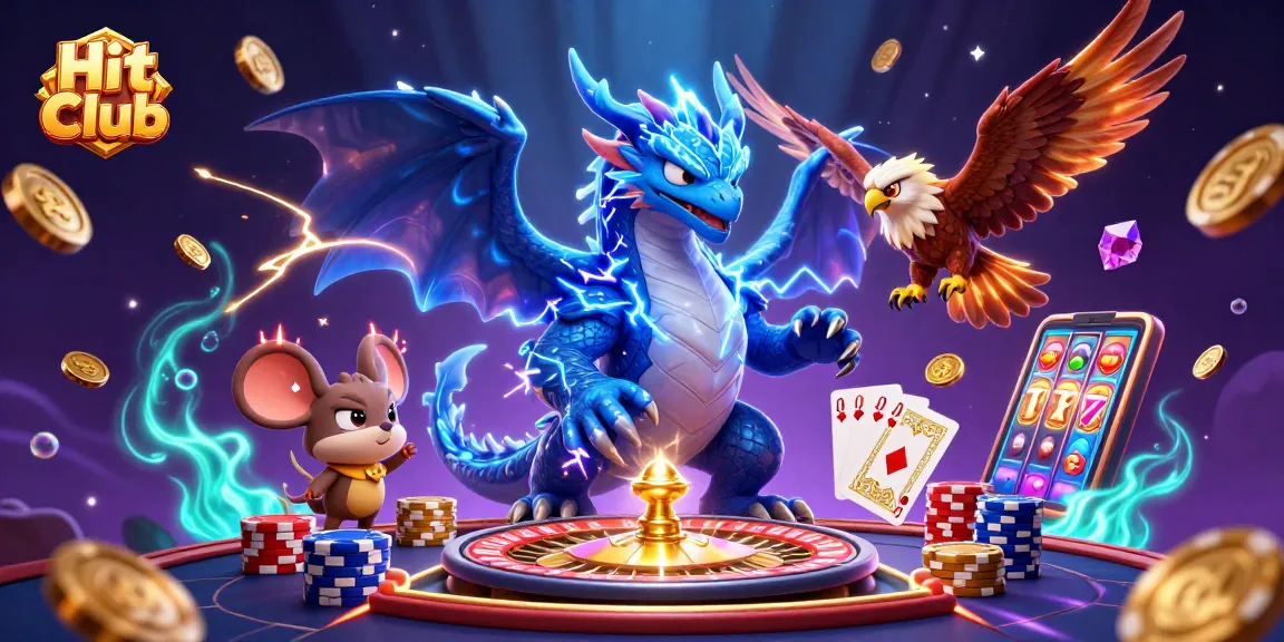 Experience excitement at Hit Club with vibrant 3D casino-themed illustration featuring dynamic gaming elements.