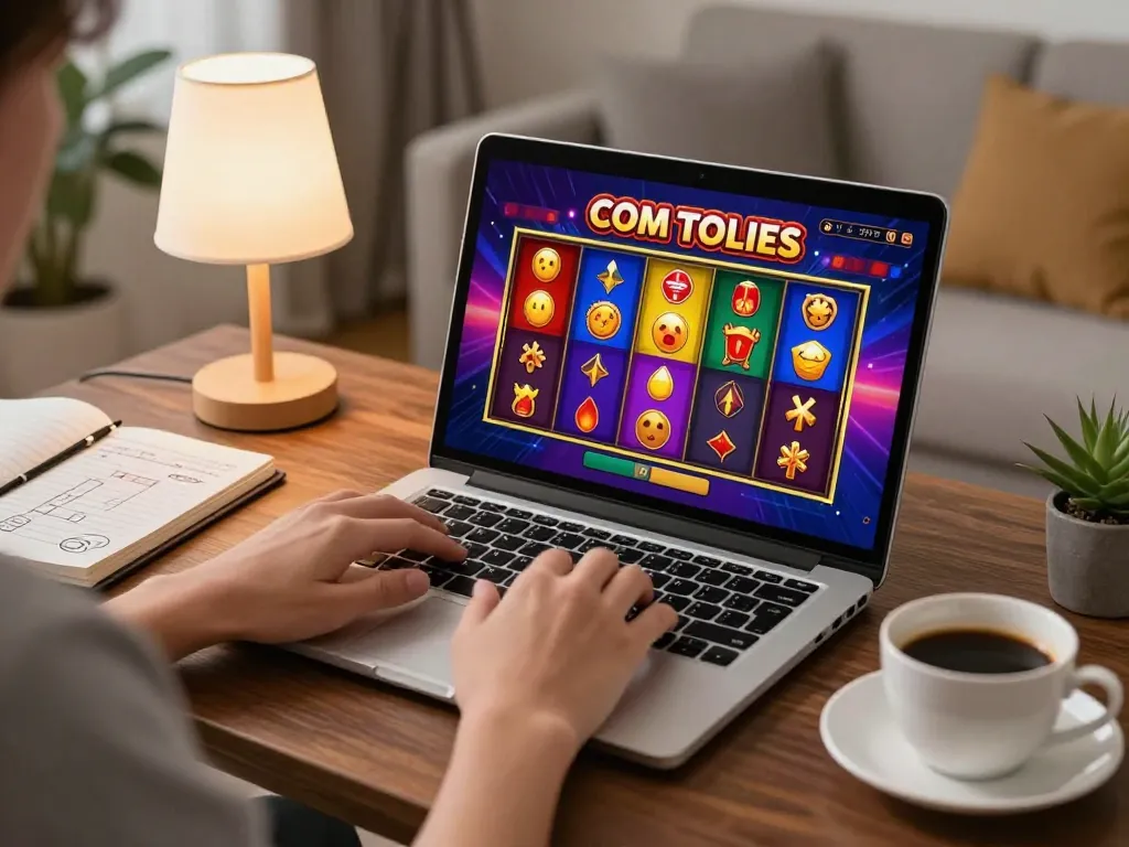 Situs slot game being played on a laptop in a cozy home environment with notes and coffee nearby