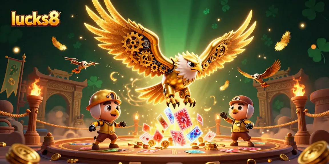 Experience lucks8 with dynamic gaming visuals featuring a 3D golden eagle and casino elements.