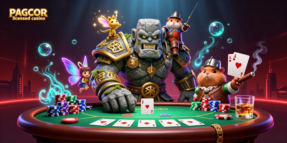PAGCOR licensed casino scene featuring a magical golem, fairy, and hamster knight at a poker table.