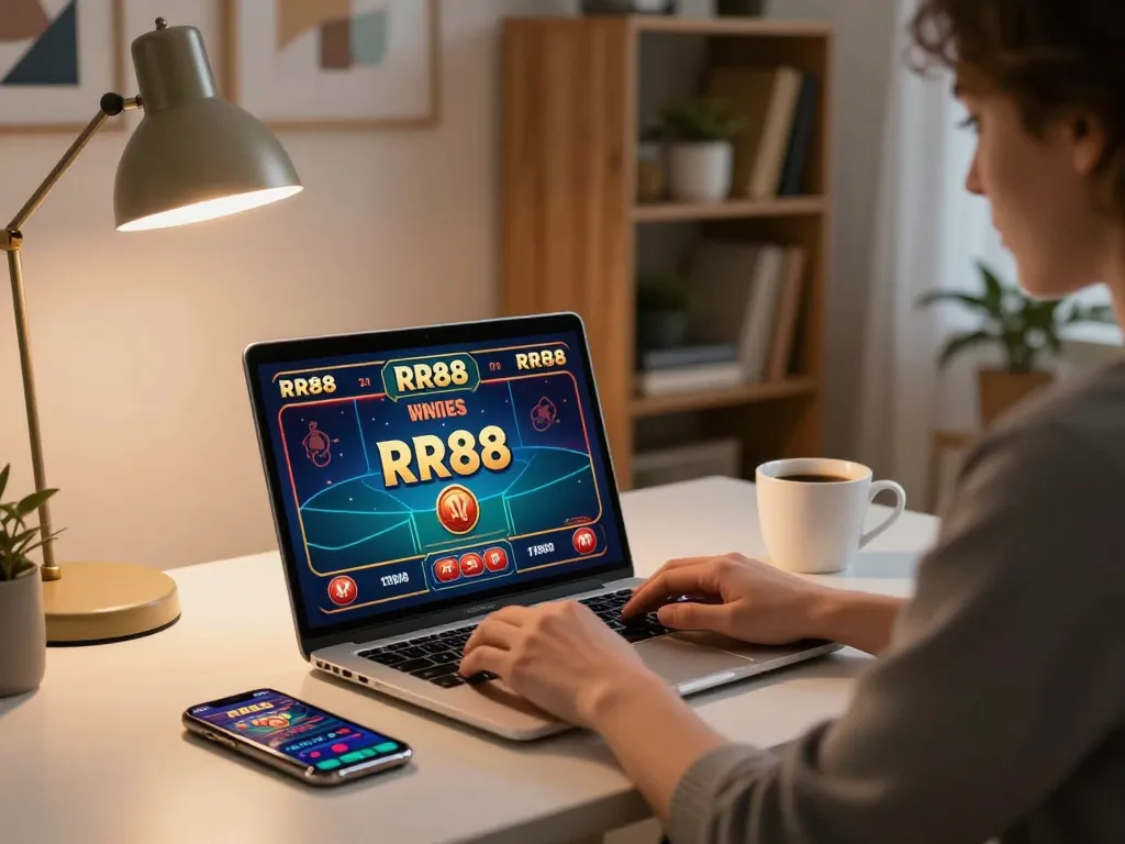 Engaging player using RR88 online casino app on a laptop with cozy ambiance.