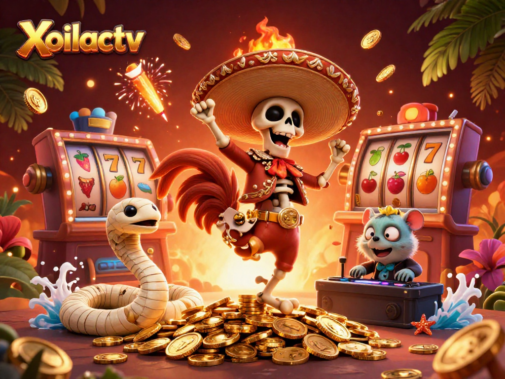 Xoilactv promotes excitement with a vibrant scene of casino characters celebrating amidst slot machines and golden coins.