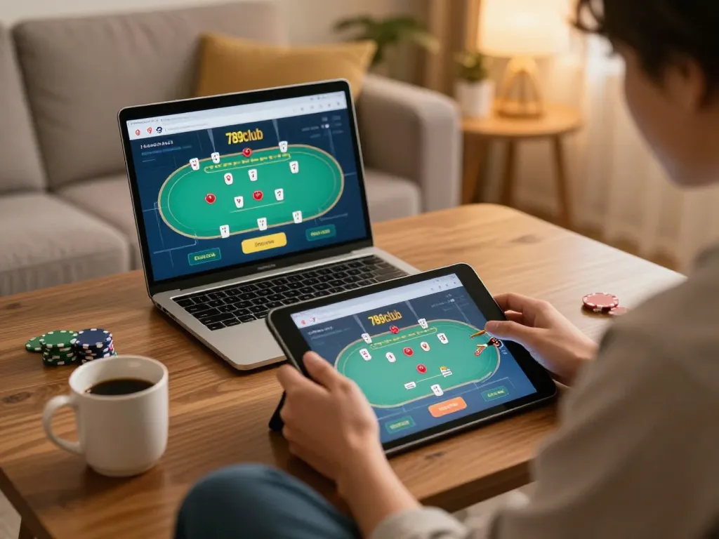 Experience the thrill of poker gameplay on 789club in a cozy home setting.