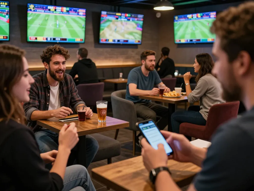 Betting on dinamit4d with friends at a lively sports betting lounge, excitement in the air.