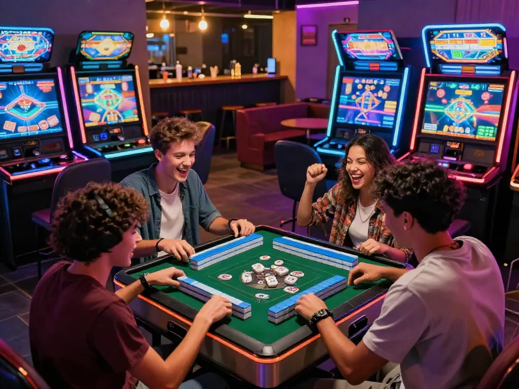 Pemain menikmati permainan mahjong slot di lounge dengan suasana ceria dan lampu warna-warni.