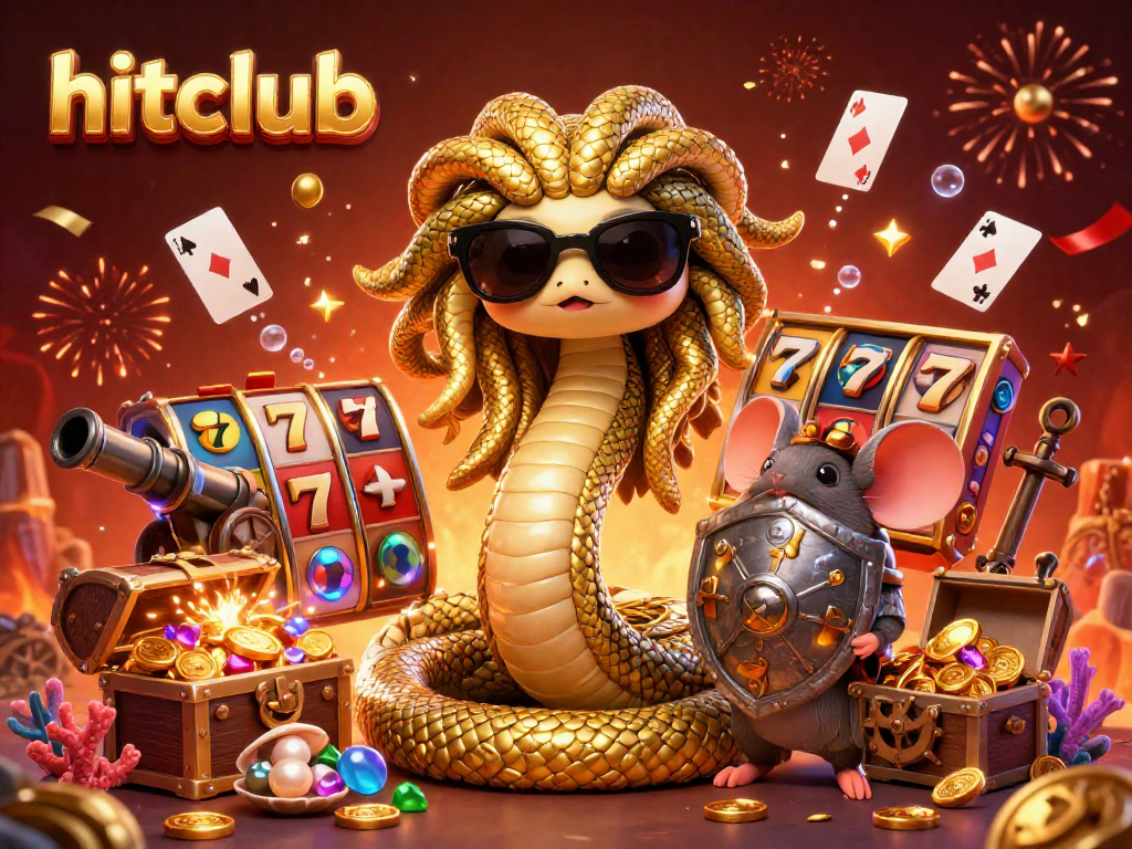 Join the hitclub with this vibrant 3D illustration featuring playful Medusa and a warrior mouse in a dynamic casino setting.