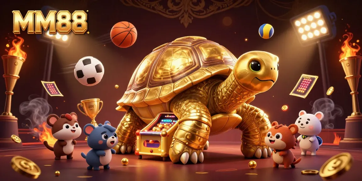 Experience exciting gameplay at MM88 with a colossal golden tortoise pinball machine surrounded by dynamic sports elements.