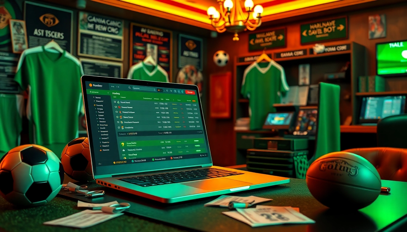 Experience secure สมัครแทงบอล with vibrant sports betting ambiance showcasing laptop and slips.