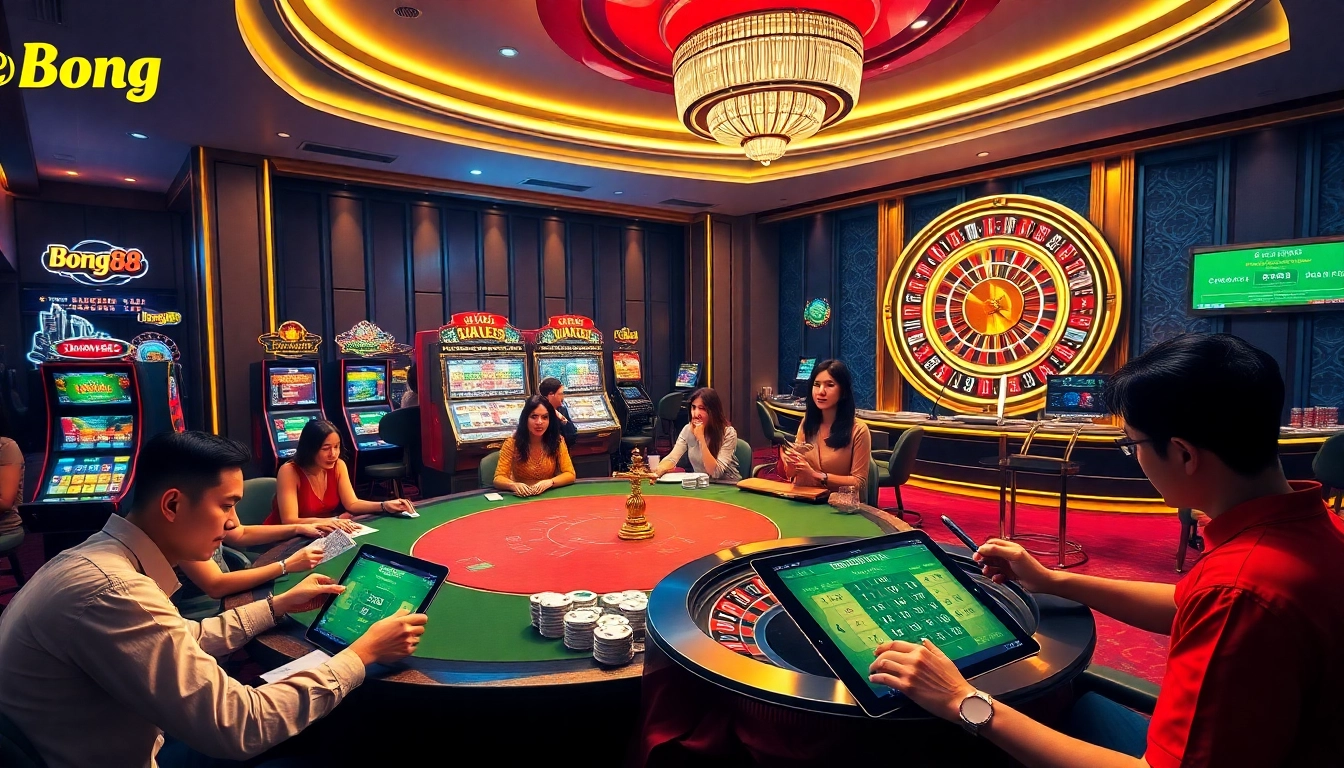 Bong88 online casino visual with players at a poker table, bright slot machines, and a roulette wheel.