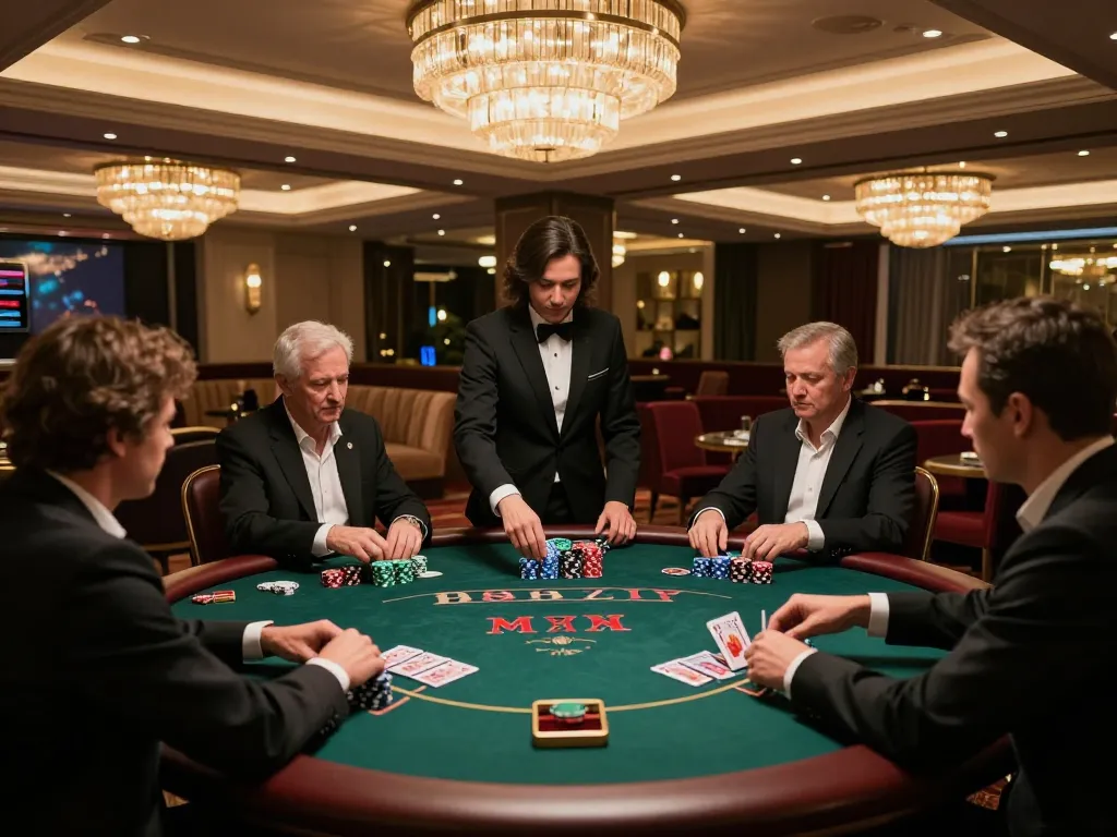 Players engaged in a high-stakes poker game at W188 VIP, showcasing strategic gameplay in an elegant setting.