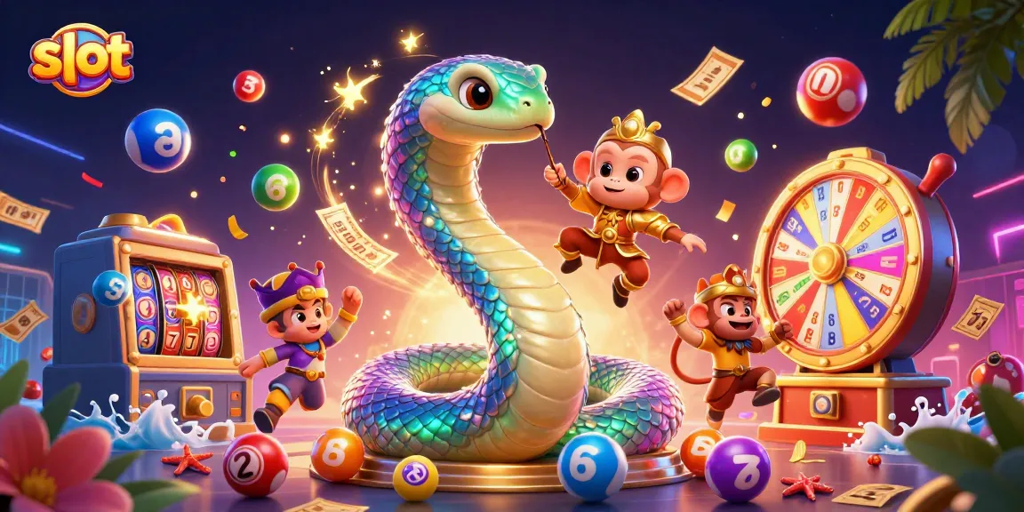 Slot permainan yang meriah dengan karakter ular pelangi dan raja monyet, serta elemen lotere berwarna-warni