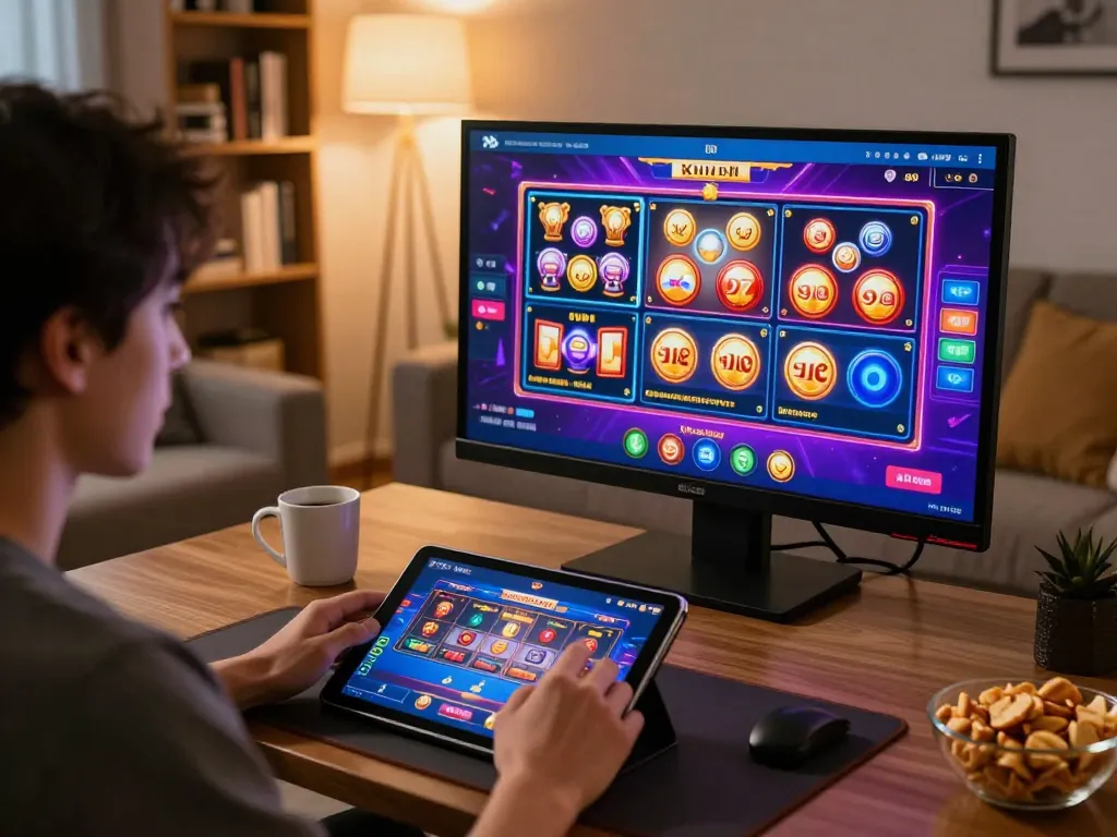 Pemain terlibat dalam permainan online strategis dengan truthontatelabianca di tablet, menciptakan suasana yang imersif