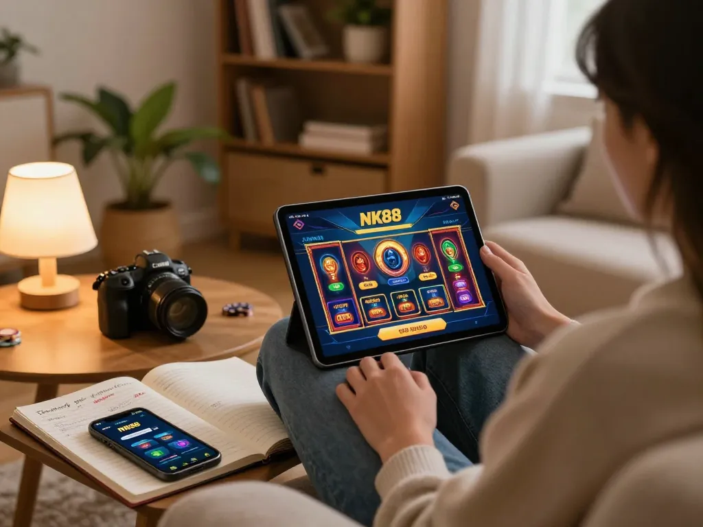 Engaging online casino gaming on NK88 trang chủ with a player enjoying the tablet experience.