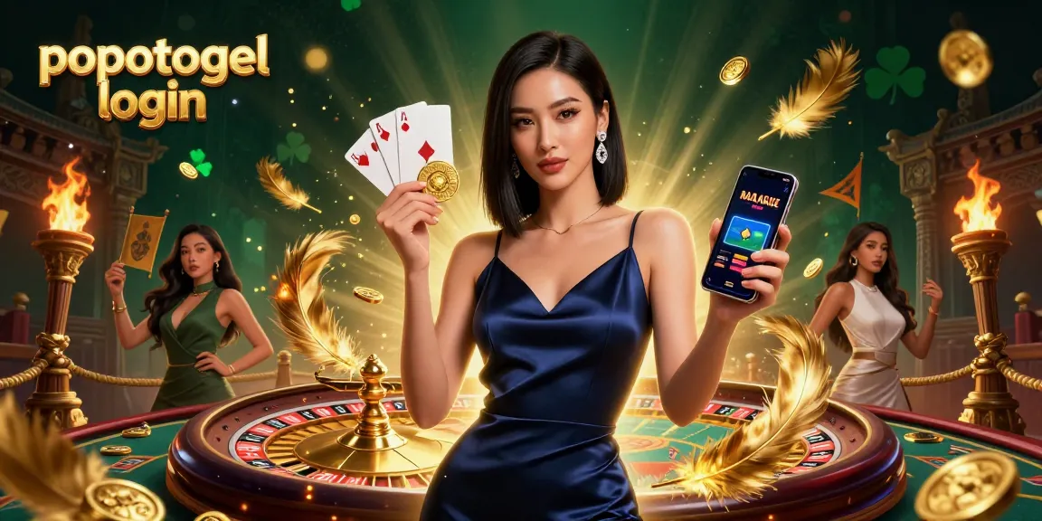 Experience the thrill of popotogel login with dynamic casino elements in a vibrant 3D illustration.