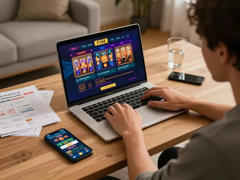 Engaging online gamblers enjoying F168's live dealer games on their laptop at home.