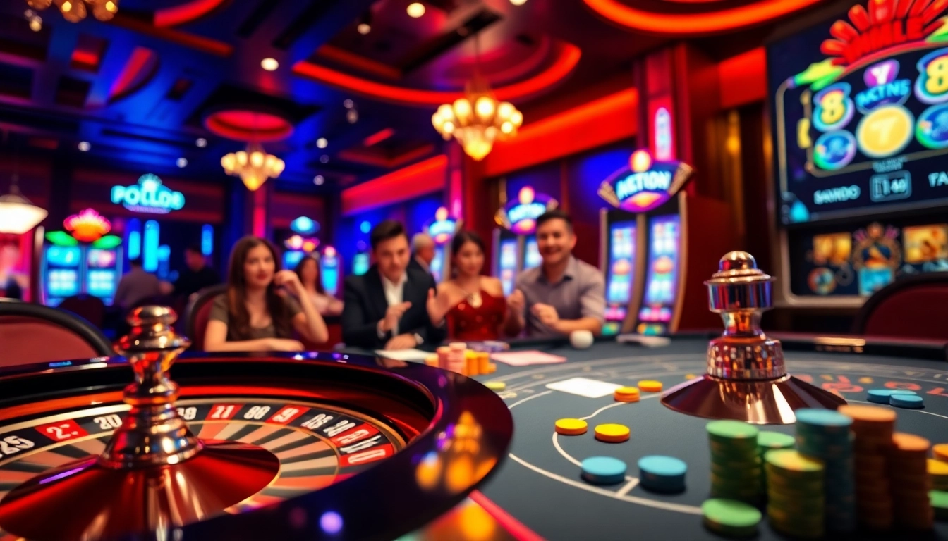 A thrilling gaming experience at situs apiraja88 with vibrant poker chips and illuminated roulette wheel.