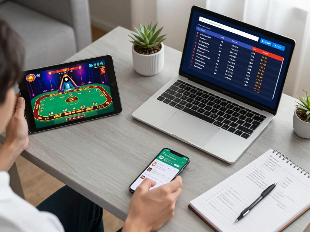Engaging online gaming session with togel sgp displayed, showcasing strategic betting actions and devices.