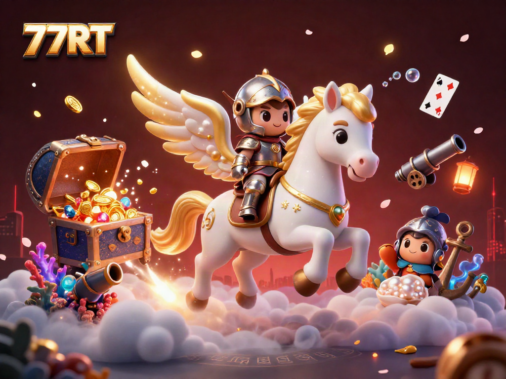 Experience thrilling wins at 77RT with a captivating 3D scene filled with cartoon characters and casino elements.