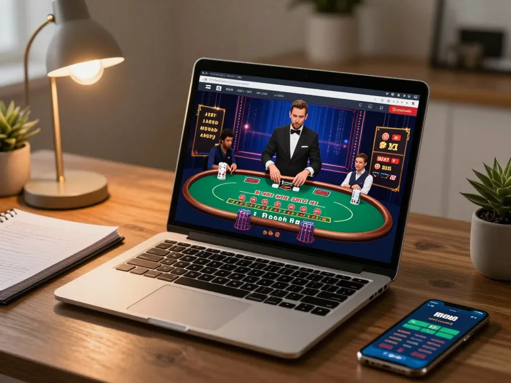 Engaging with lc88 live blackjack game on laptop at home, showcasing strategic gaming elements