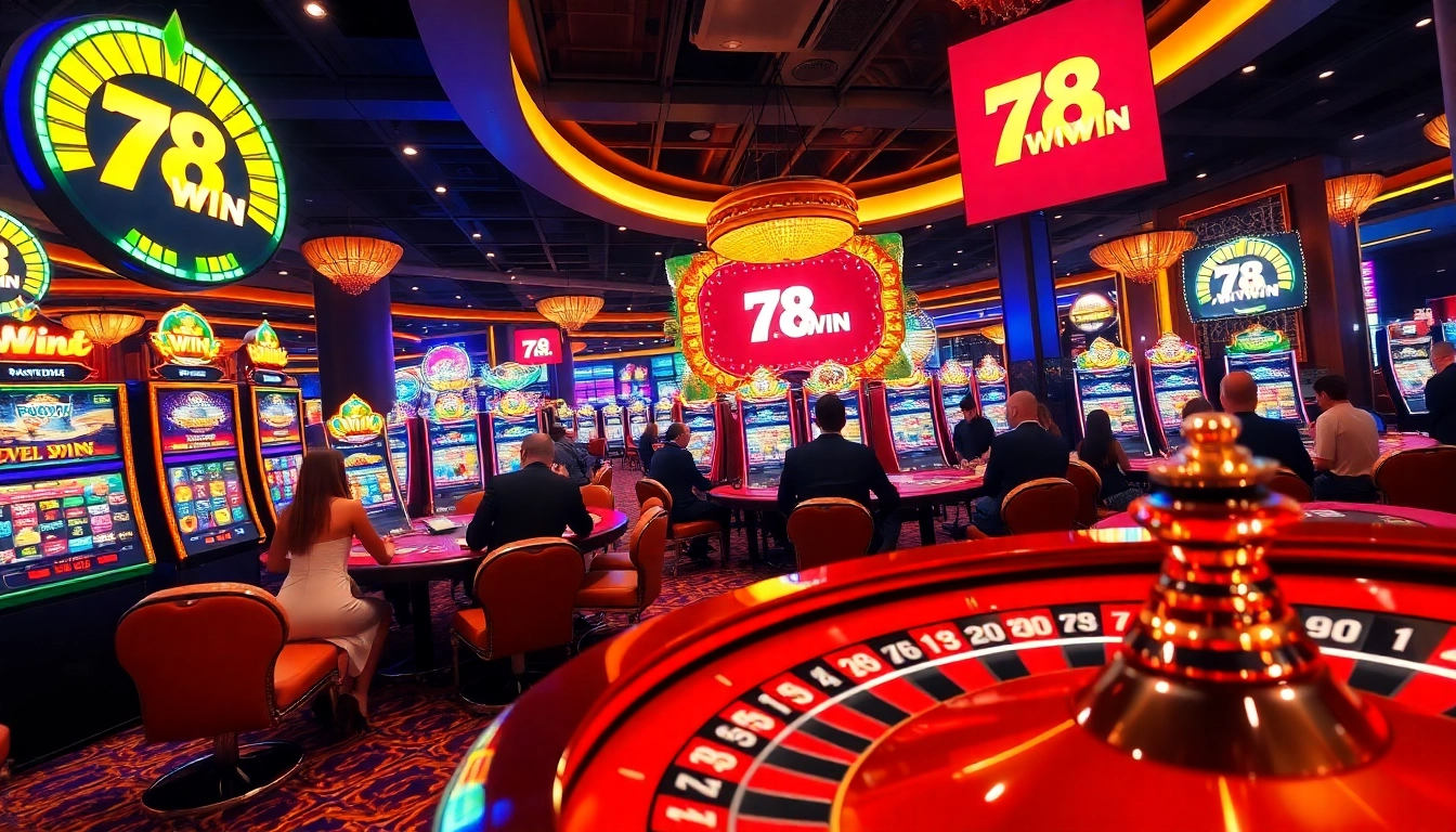 Gamblers enjoying excitement at a luxurious 78WIN casino scene with slot machines and poker tables.