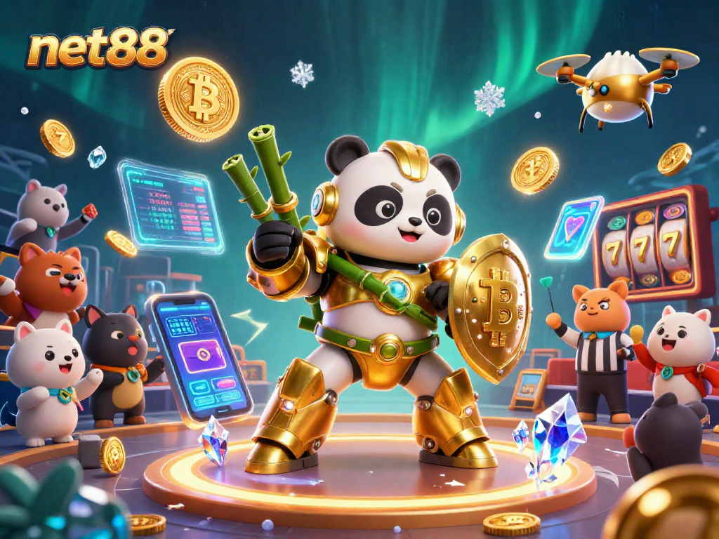 Engage with net88's exciting casino gaming scene featuring a mech-suit panda in action.
