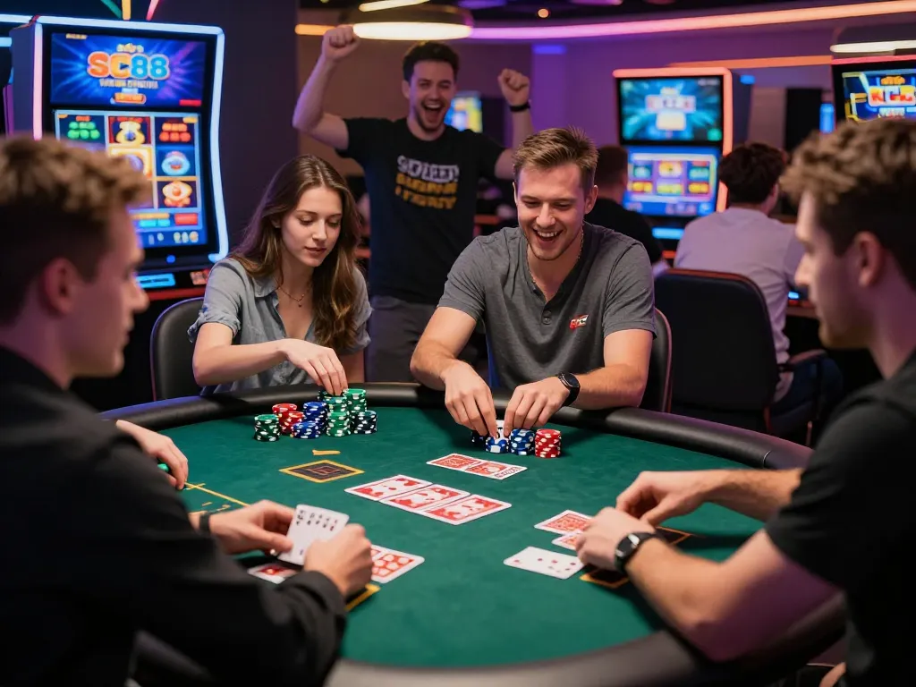 Experience thrilling gaming at SC 88 with friends and vibrant casino atmosphere.